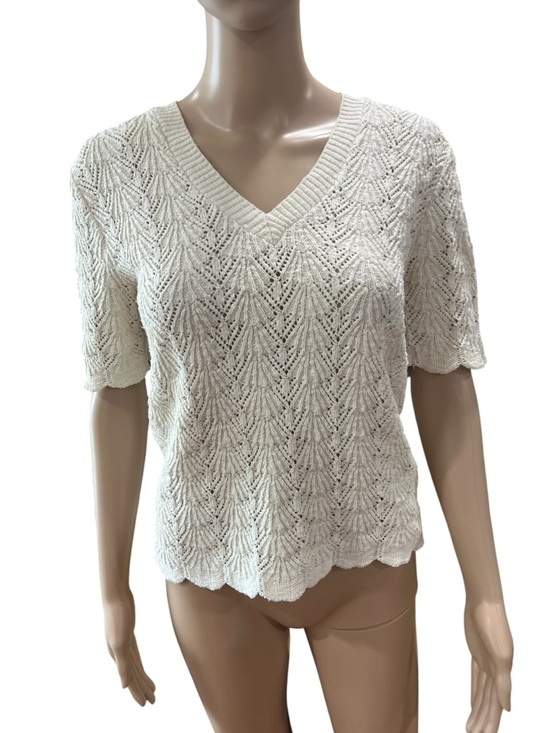 Vintage Sweaters - Pointelle Knit Short Sleeve Sweater Ivory-L vintage